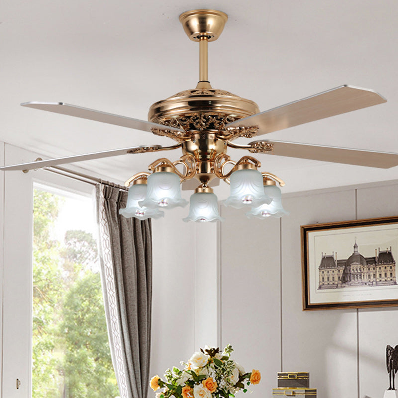 Traditional European Bell Floral Ceiling Fan Light – 5-Light Downrod for Living Room 

Enhance your living room with this elegant 5-light downrod ceiling fan light, featuring a stunning traditional European bell floral design. Made from durable iron, wood