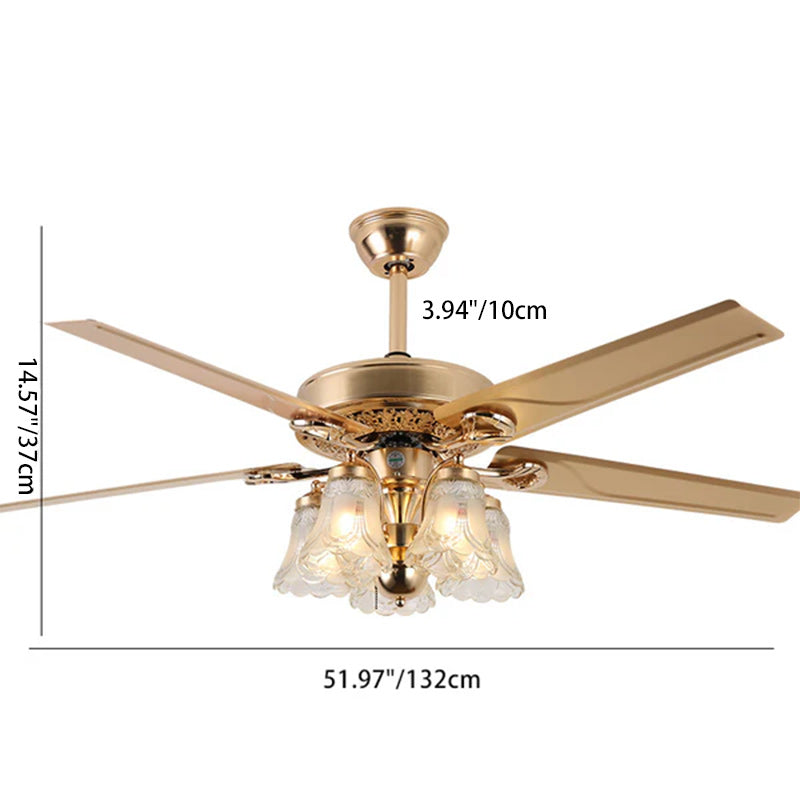 Traditional European Bell Floral Ceiling Fan Light – 5-Light Downrod for Living Room 

Enhance your living room with this elegant 5-light downrod ceiling fan light, featuring a stunning traditional European bell floral design. Made from durable iron, wood