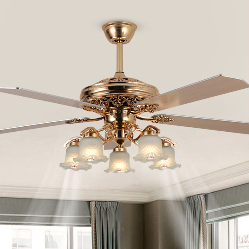 Traditional European Bell Floral Ceiling Fan Light – 5-Light Downrod for Living Room 

Enhance your living room with this elegant 5-light downrod ceiling fan light, featuring a stunning traditional European bell floral design. Made from durable iron, wood
