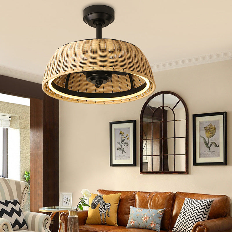 Rustic Iron Aluminum Rattan Round LED Ceiling Fan Light for Dining Room