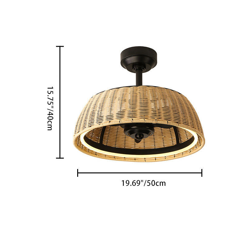 Rustic Iron Aluminum Rattan Round LED Ceiling Fan Light for Dining Room