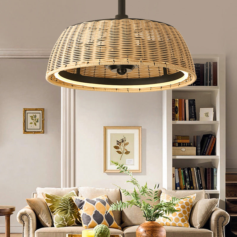 Rustic Iron Aluminum Rattan Round LED Ceiling Fan Light for Dining Room