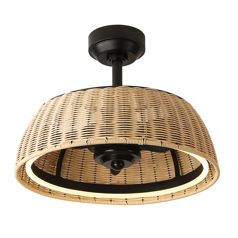 Rustic Iron Aluminum Rattan Round LED Ceiling Fan Light for Dining Room