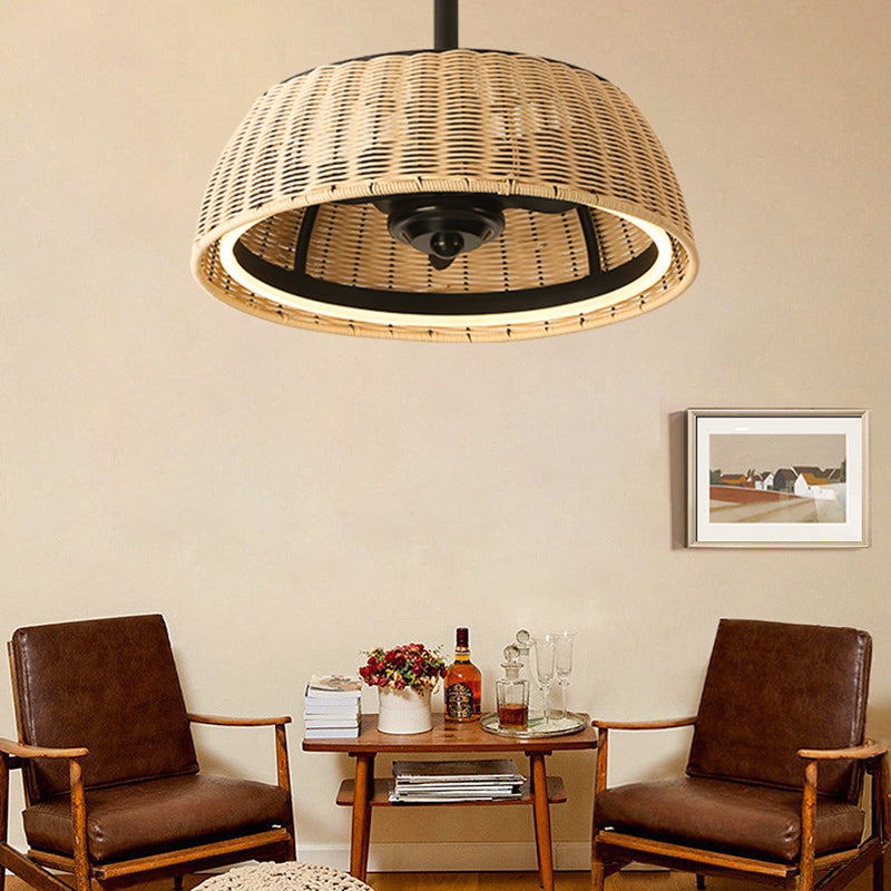 Rustic Iron Aluminum Rattan Round LED Ceiling Fan Light for Dining Room