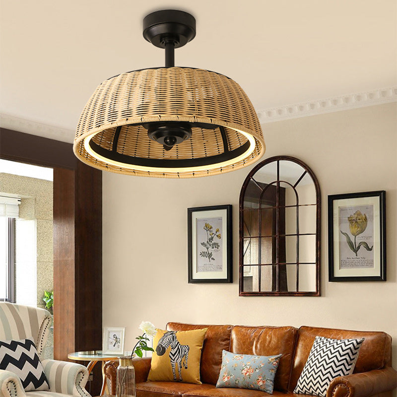 Rustic Iron Aluminum Rattan Round LED Ceiling Fan Light for Dining Room