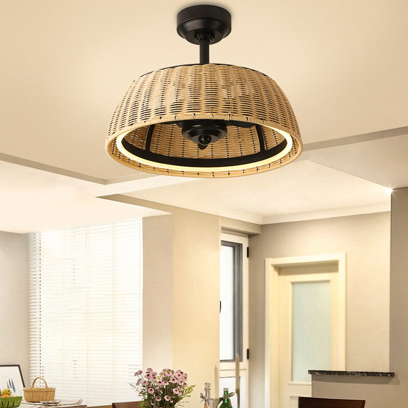 Rustic Iron Aluminum Rattan Round LED Ceiling Fan Light for Dining Room
