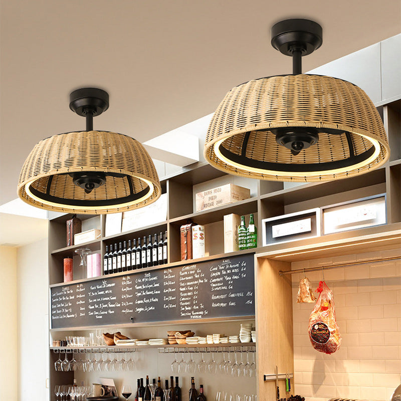 Rustic Iron Aluminum Rattan Round LED Ceiling Fan Light for Dining Room
