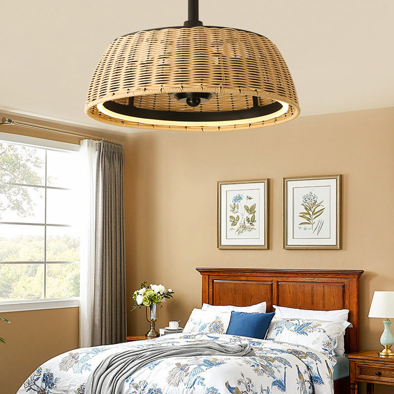 Rustic Iron Aluminum Rattan Round LED Ceiling Fan Light for Dining Room