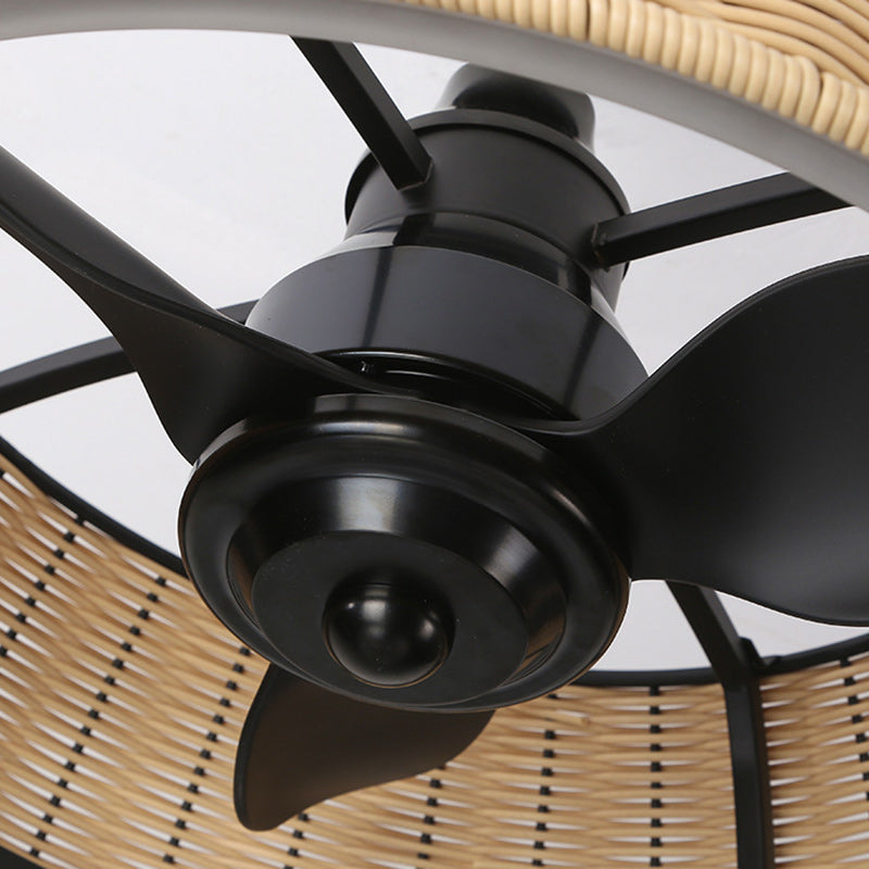 Rustic Iron Aluminum Rattan Round LED Ceiling Fan Light for Dining Room