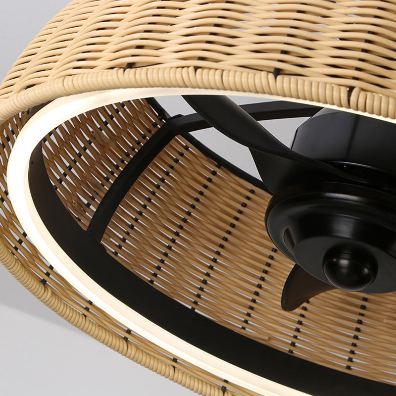 Rustic Iron Aluminum Rattan Round LED Ceiling Fan Light for Dining Room
