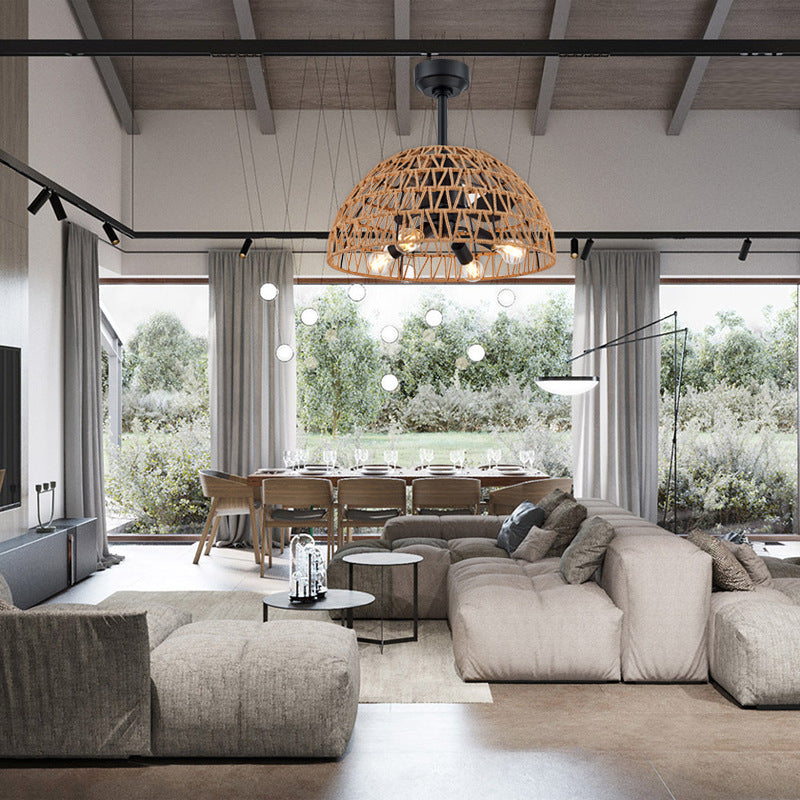 Contemporary Industrial Iron 4-Light Ceiling Fan with Hemp Rope for Dining Room