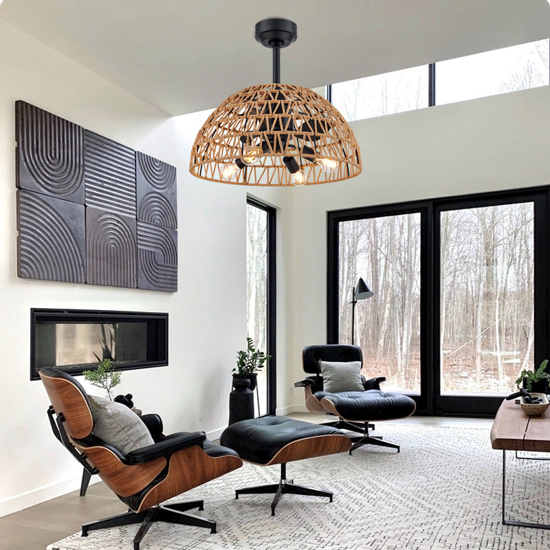 Contemporary Industrial Iron 4-Light Ceiling Fan with Hemp Rope for Dining Room