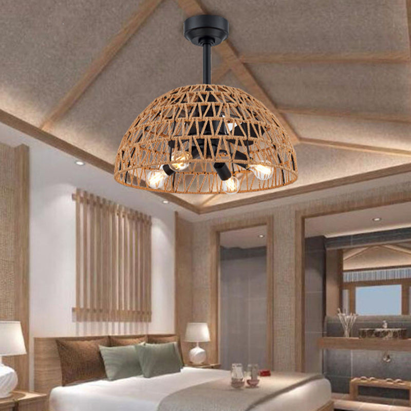 Contemporary Industrial Iron 4-Light Ceiling Fan with Hemp Rope for Dining Room