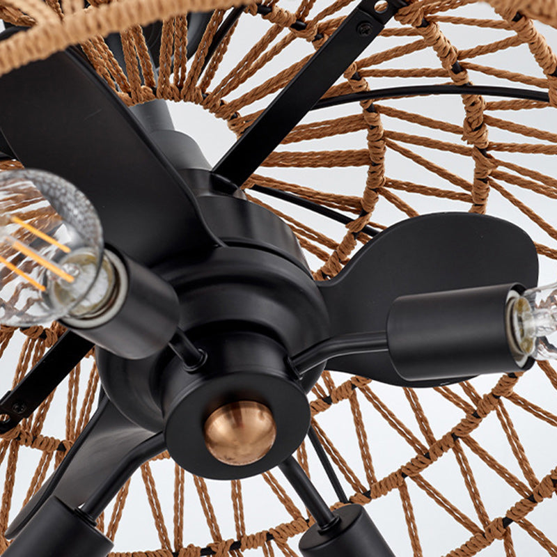 Contemporary Industrial Iron 4-Light Ceiling Fan with Hemp Rope for Dining Room