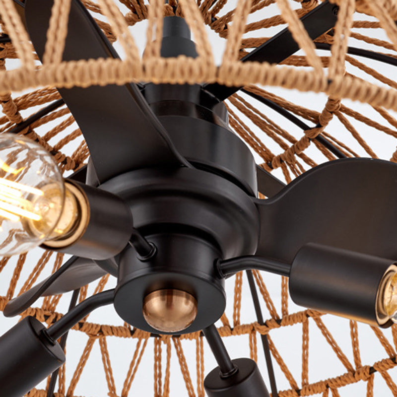 Contemporary Industrial Iron 4-Light Ceiling Fan with Hemp Rope for Dining Room