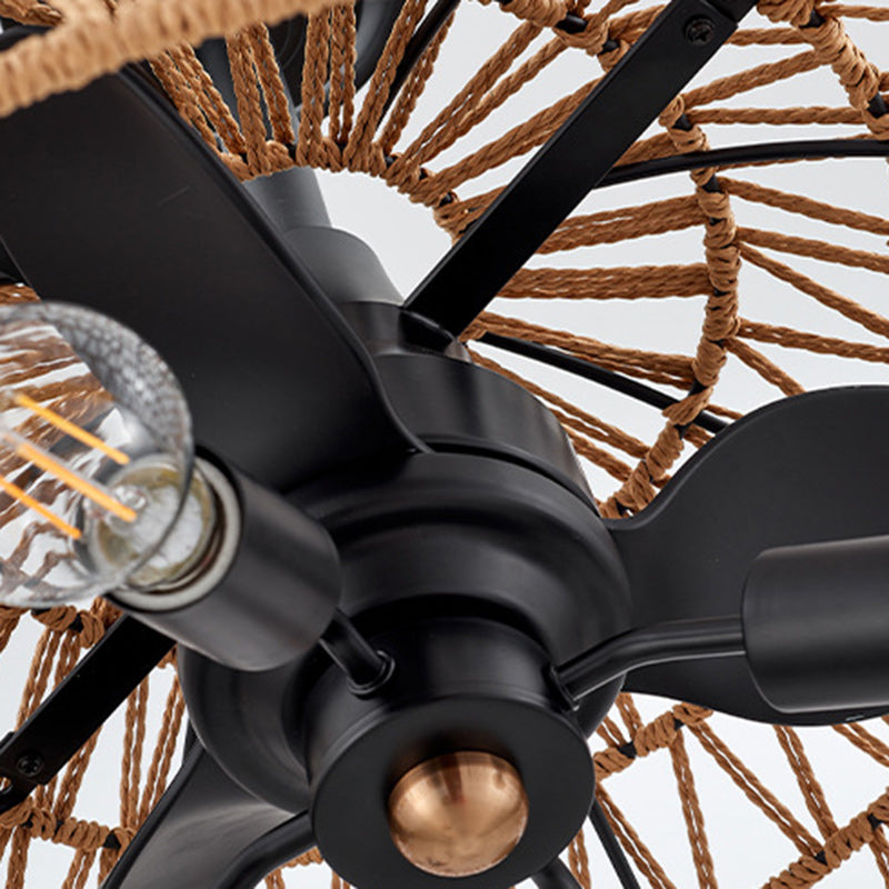 Contemporary Industrial Iron 4-Light Ceiling Fan with Hemp Rope for Dining Room