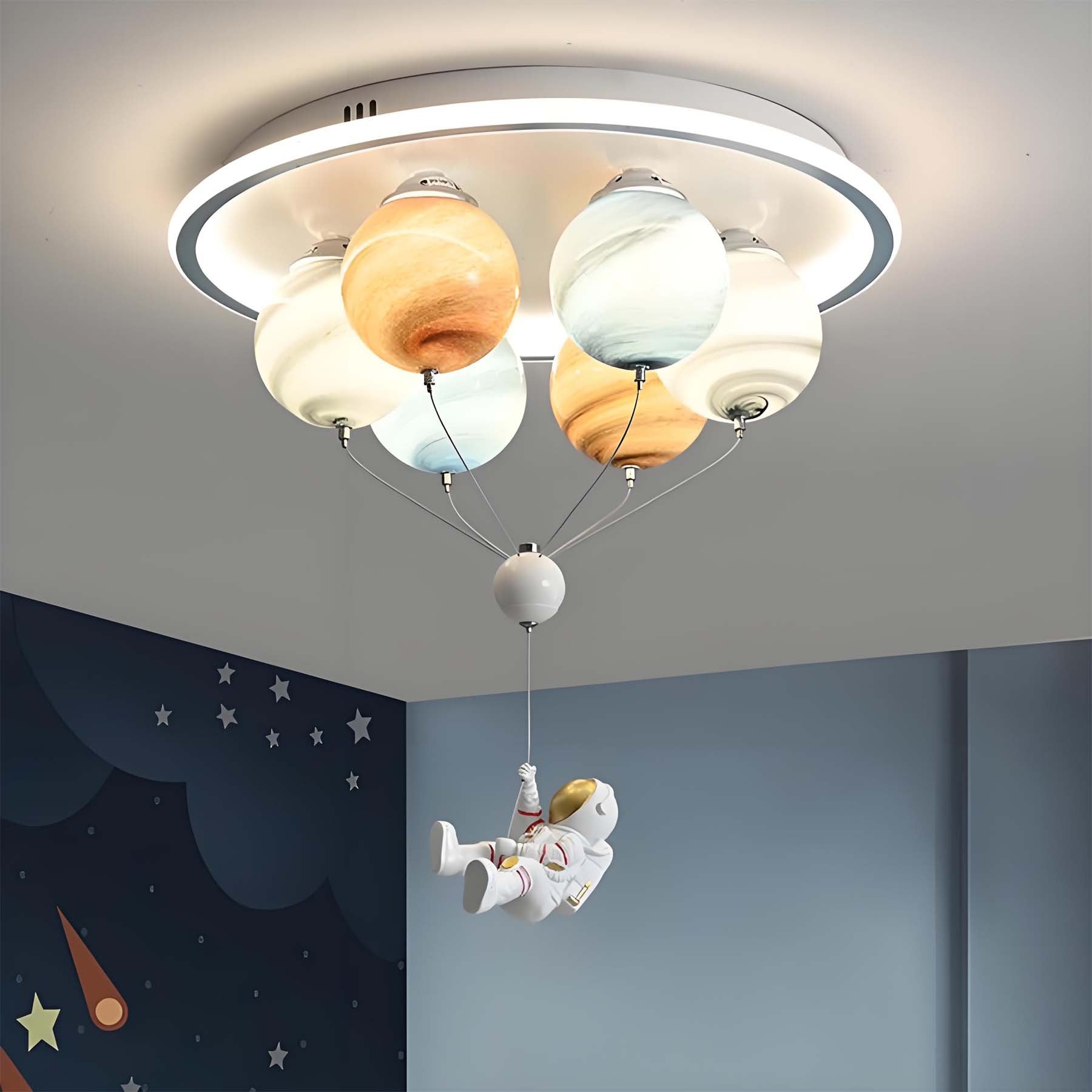 Contemporary Kids Planet Space Hot Air Balloon Astronaut Iron Resin Glass 6-Light LED Semi-Flush Mount Ceiling Light for Bedroom, Unique Children's Room Decor, Space-Themed Lighting Fixture, Fun Ceiling Light for Boys and Girls, Modern Bedroom Illuminatio