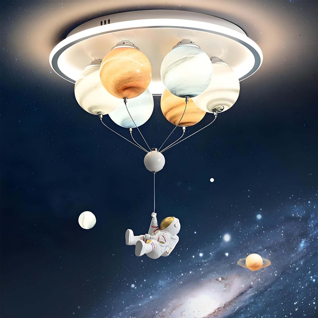 Contemporary Kids Planet Space Hot Air Balloon Astronaut Iron Resin Glass 6-Light LED Semi-Flush Mount Ceiling Light for Bedroom, Unique Children's Room Decor, Space-Themed Lighting Fixture, Fun Ceiling Light for Boys and Girls, Modern Bedroom Illuminatio