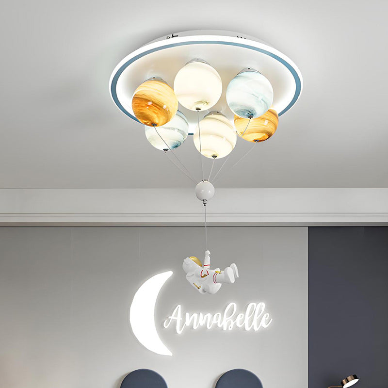Contemporary Kids Planet Space Hot Air Balloon Astronaut Iron Resin Glass 6-Light LED Semi-Flush Mount Ceiling Light for Bedroom, Unique Children's Room Decor, Space-Themed Lighting Fixture, Fun Ceiling Light for Boys and Girls, Modern Bedroom Illuminatio