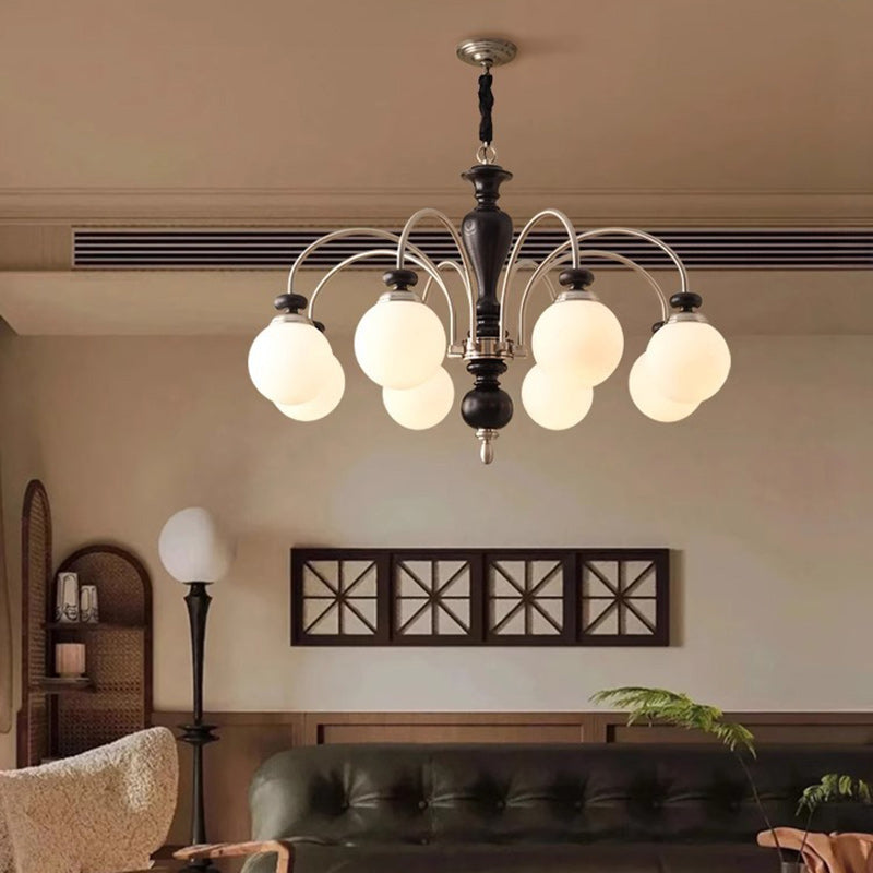 Contemporary Retro Ash Wood & Glass Ball Chandelier - 3/6/8 Light Options for Living Room