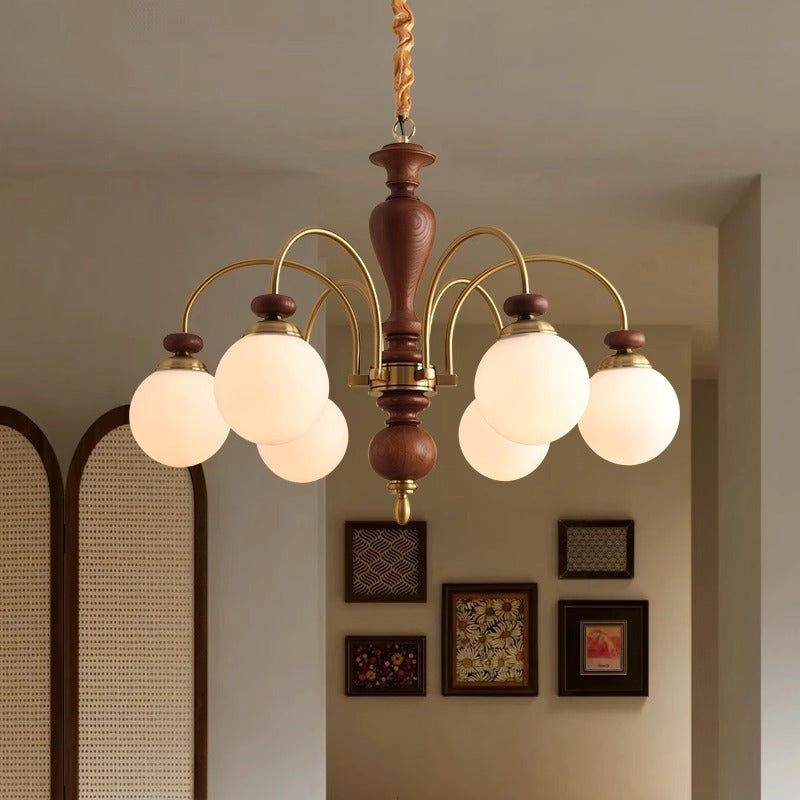 Contemporary Retro Ash Wood & Glass Ball Chandelier - 3/6/8 Light Options for Living Room