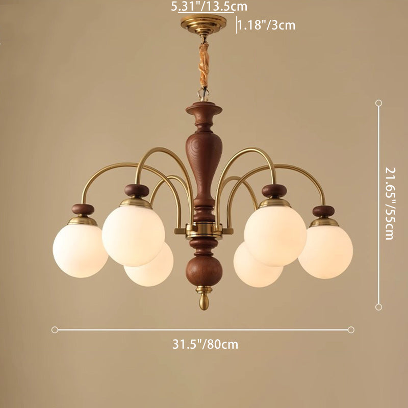 Contemporary Retro Ash Wood & Glass Ball Chandelier - 3/6/8 Light Options for Living Room
