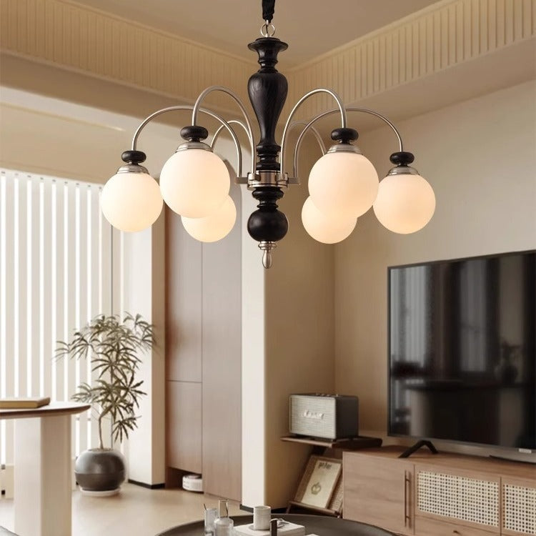 Contemporary Retro Ash Wood & Glass Ball Chandelier - 3/6/8 Light Options for Living Room
