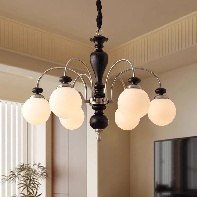 Contemporary Retro Ash Wood & Glass Ball Chandelier - 3/6/8 Light Options for Living Room