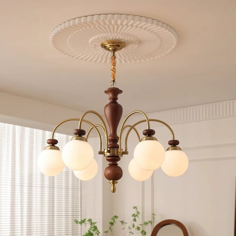 Contemporary Retro Ash Wood & Glass Ball Chandelier - 3/6/8 Light Options for Living Room