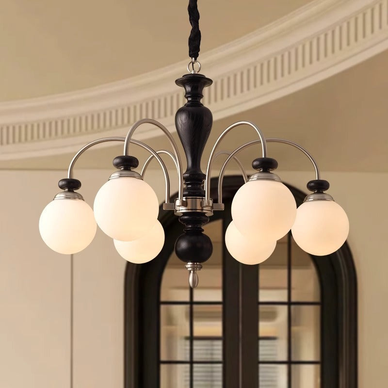 Contemporary Retro Ash Wood & Glass Ball Chandelier - 3/6/8 Light Options for Living Room
