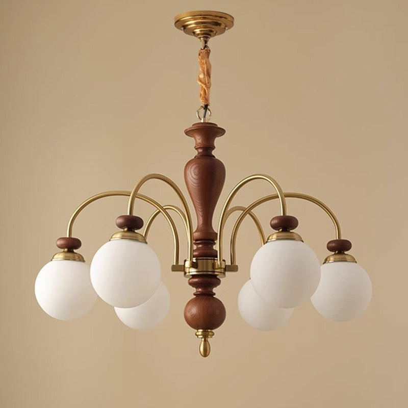 Contemporary Retro Ash Wood & Glass Ball Chandelier - 3/6/8 Light Options for Living Room
