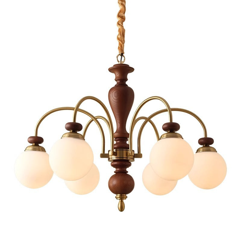 Contemporary Retro Ash Wood & Glass Ball Chandelier - 3/6/8 Light Options for Living Room
