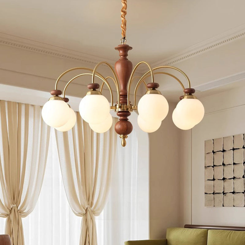 Contemporary Retro Ash Wood & Glass Ball Chandelier - 3/6/8 Light Options for Living Room