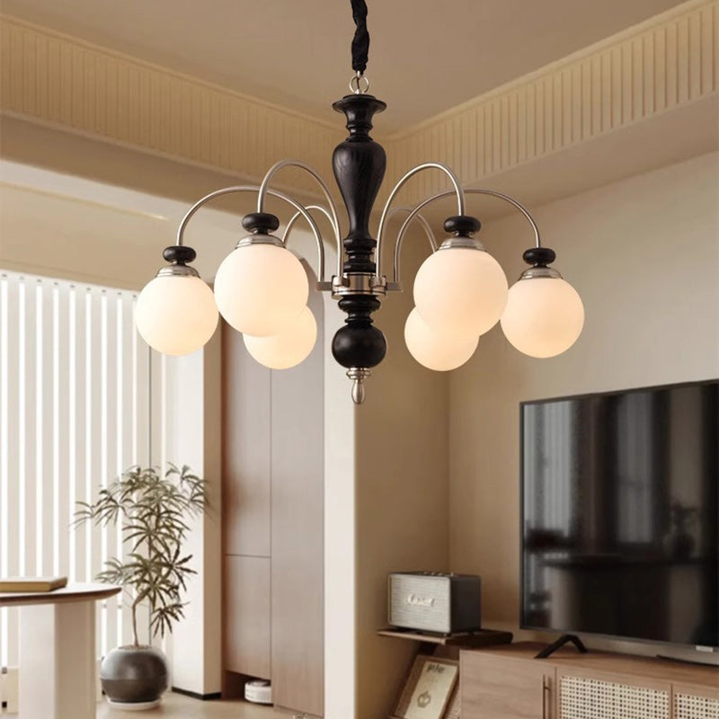 Contemporary Retro Ash Wood & Glass Ball Chandelier - 3/6/8 Light Options for Living Room