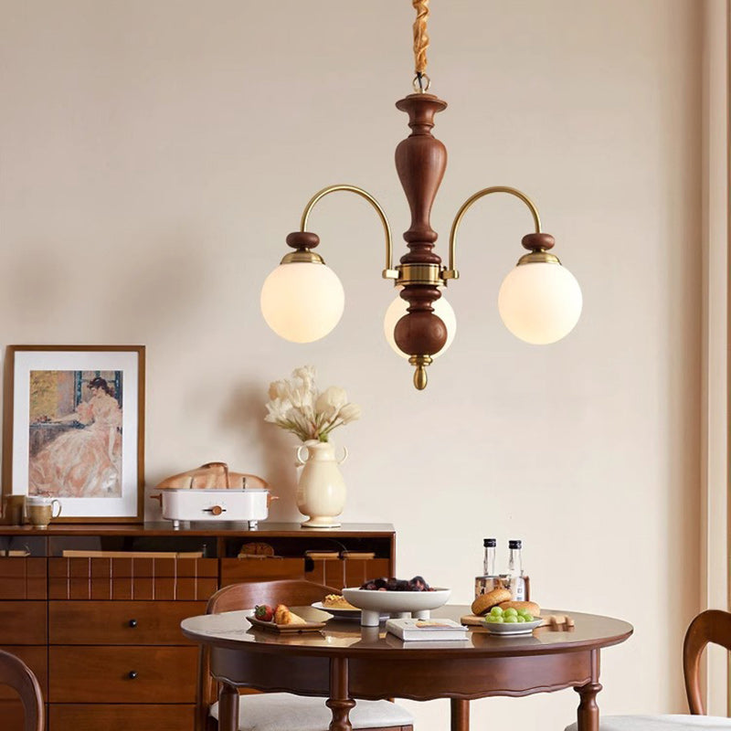 Contemporary Retro Ash Wood & Glass Ball Chandelier - 3/6/8 Light Options for Living Room