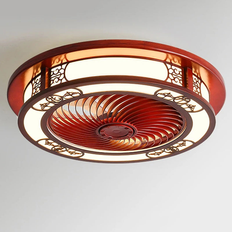 Traditional Chinese Round Wealth Pattern Ceiling Fan Light - Wood, Acrylic, Copper, ABS, LED Flush Mount for Bedroom