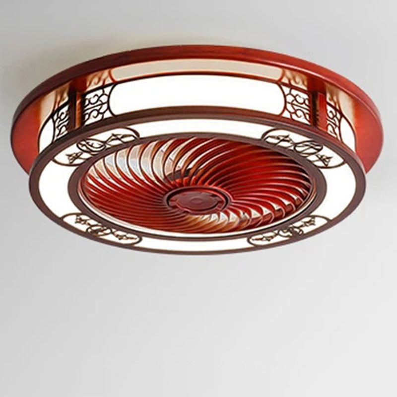 Traditional Chinese Round Wealth Pattern Ceiling Fan Light - Wood, Acrylic, Copper, ABS, LED Flush Mount for Bedroom