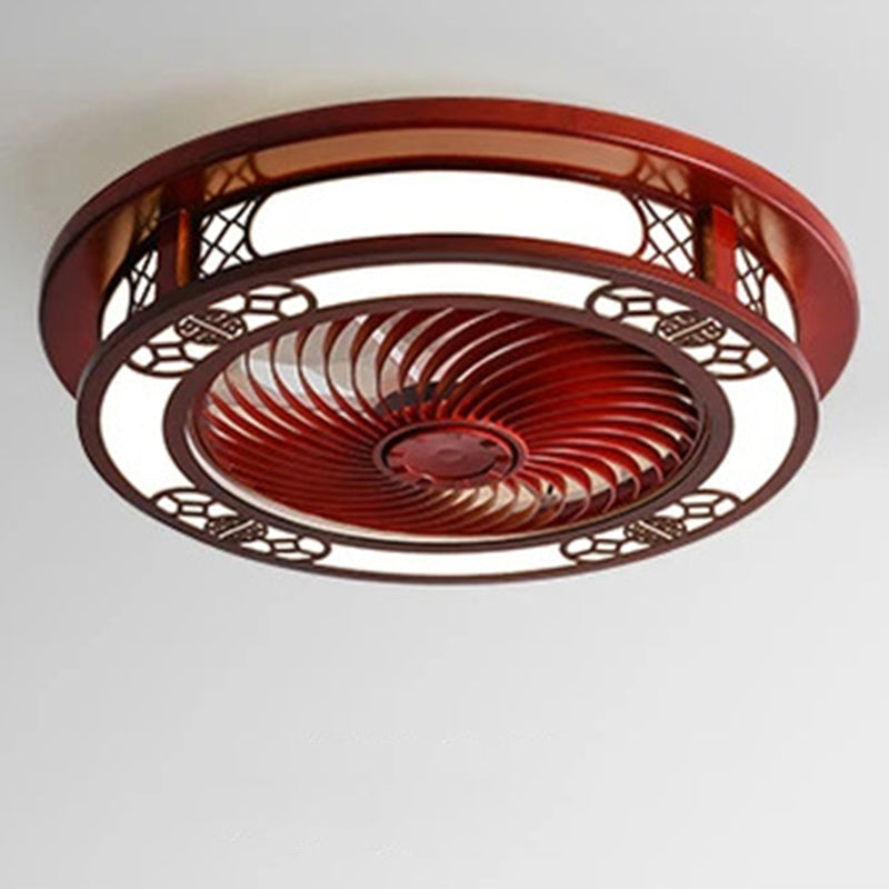 Traditional Chinese Round Wealth Pattern Ceiling Fan Light - Wood, Acrylic, Copper, ABS, LED Flush Mount for Bedroom