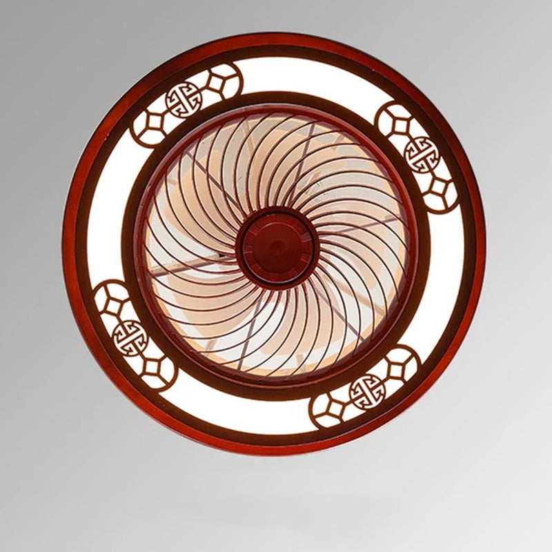 Traditional Chinese Round Wealth Pattern Ceiling Fan Light - Wood, Acrylic, Copper, ABS, LED Flush Mount for Bedroom