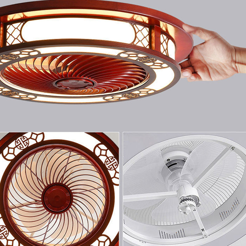Traditional Chinese Round Wealth Pattern Ceiling Fan Light - Wood, Acrylic, Copper, ABS, LED Flush Mount for Bedroom