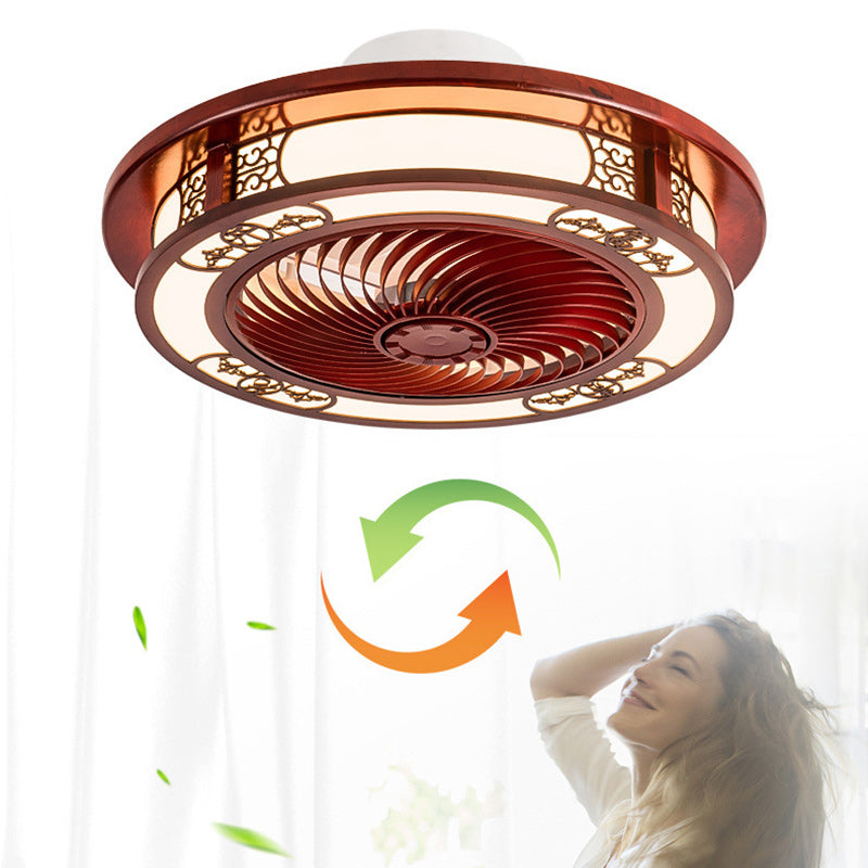 Traditional Chinese Round Wealth Pattern Ceiling Fan Light - Wood, Acrylic, Copper, ABS, LED Flush Mount for Bedroom