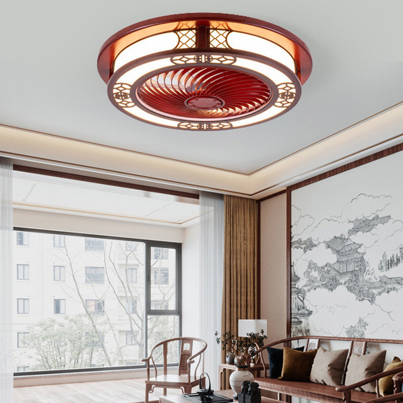 Traditional Chinese Round Wealth Pattern Ceiling Fan Light - Wood, Acrylic, Copper, ABS, LED Flush Mount for Bedroom