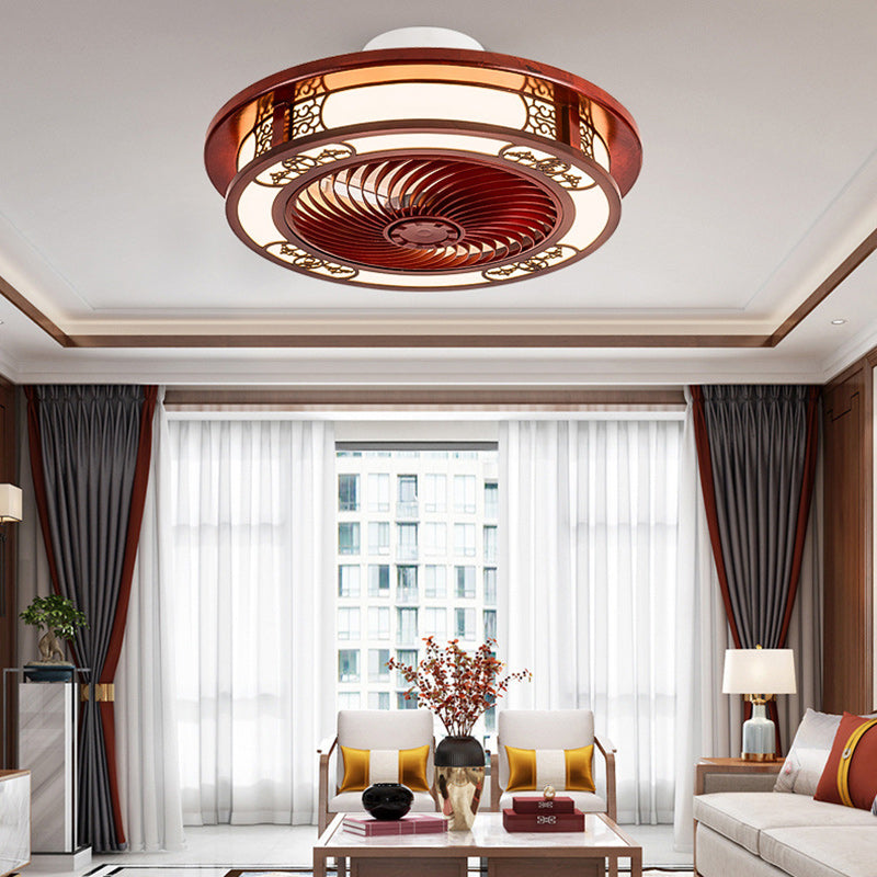 Traditional Chinese Round Wealth Pattern Ceiling Fan Light - Wood, Acrylic, Copper, ABS, LED Flush Mount for Bedroom