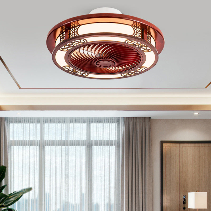Traditional Chinese Round Wealth Pattern Ceiling Fan Light - Wood, Acrylic, Copper, ABS, LED Flush Mount for Bedroom