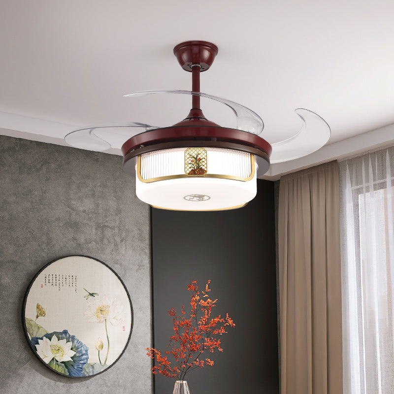 Traditional Chinese Sandalwood Ceiling Fan Light with LED Downrods, Stainless Steel & Acrylic Round Cymbidium Design for Living Room