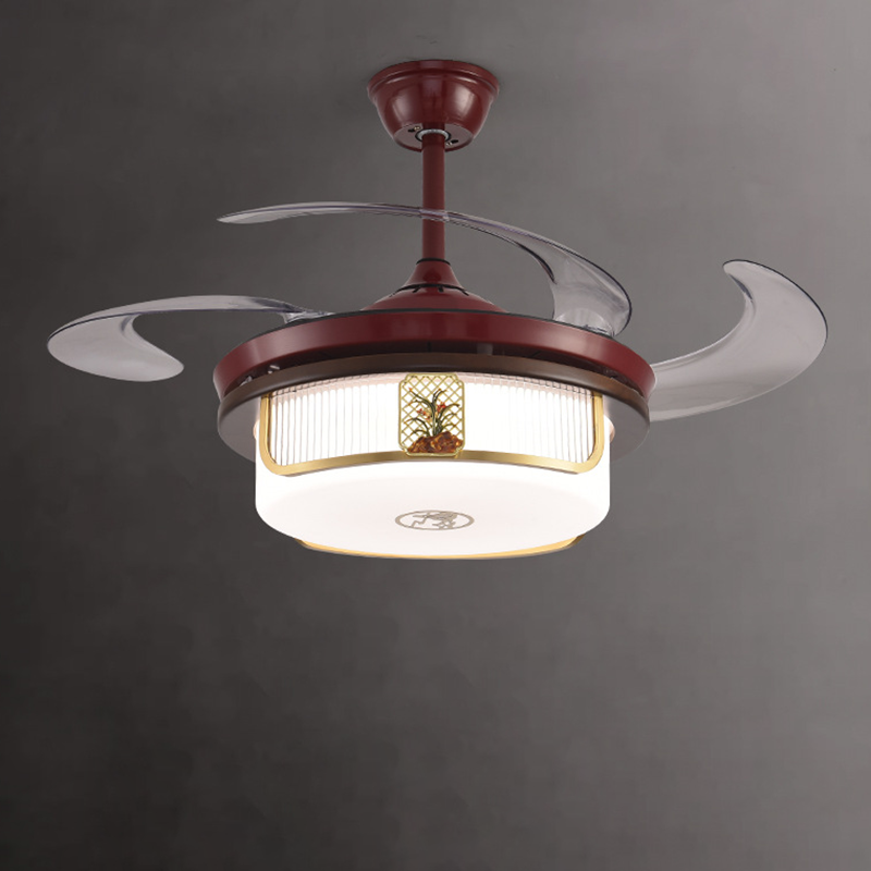 Traditional Chinese Sandalwood Ceiling Fan Light with LED Downrods, Stainless Steel & Acrylic Round Cymbidium Design for Living Room