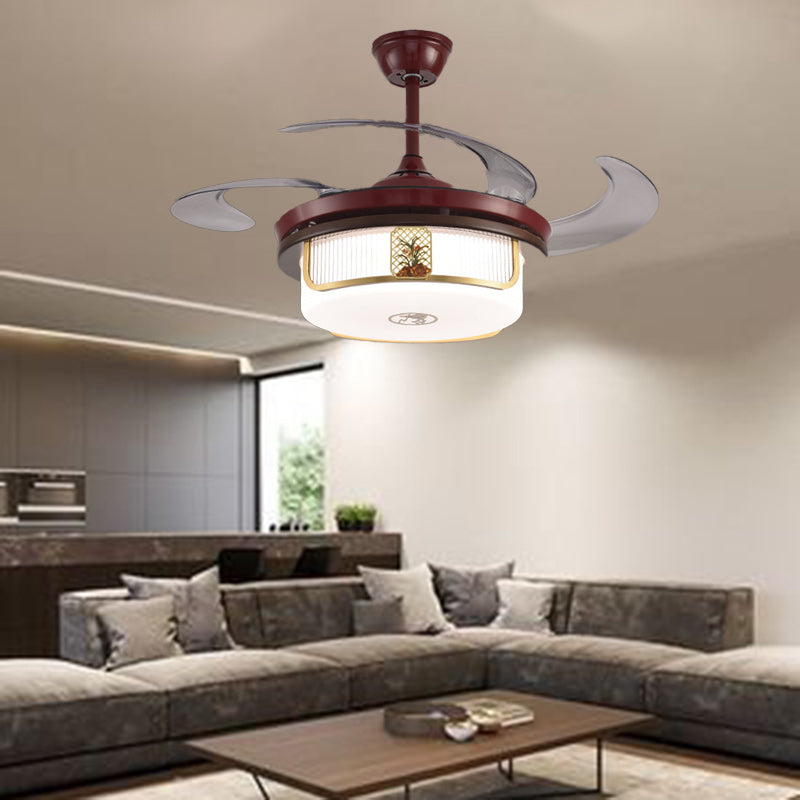 Traditional Chinese Sandalwood Ceiling Fan Light with LED Downrods, Stainless Steel & Acrylic Round Cymbidium Design for Living Room