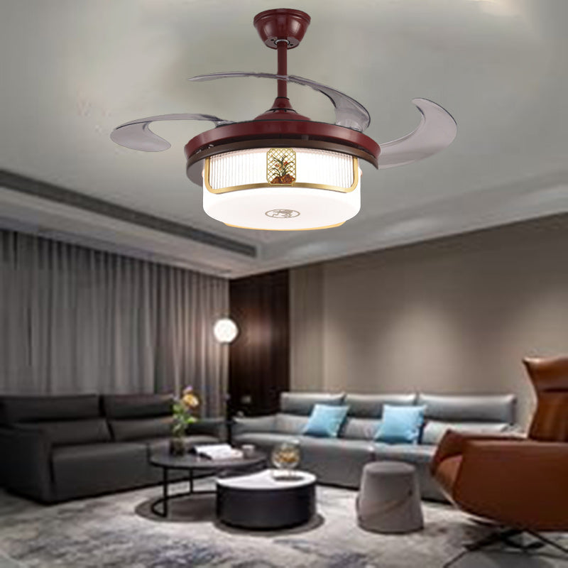Traditional Chinese Sandalwood Ceiling Fan Light with LED Downrods, Stainless Steel & Acrylic Round Cymbidium Design for Living Room