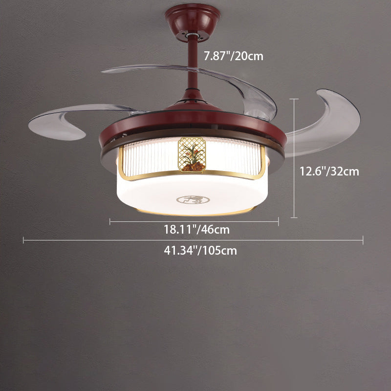 Traditional Chinese Sandalwood Ceiling Fan Light with LED Downrods, Stainless Steel & Acrylic Round Cymbidium Design for Living Room
