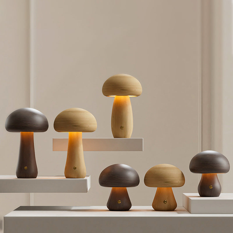 Contemporary Scandinavian Rechargeable Solid Wood Mushroom LED Table Lamp Night Light for Bedside, Modern Nightstand Lamp, Eco-Friendly Wood Decor, USB Rechargeable Reading Light, Adjustable Brightness Bedroom Lighting, Minimalist Design Home Accessory, W